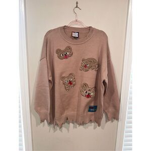 MUKZIN Brown Sweater Embroidered Cats Size Medium
